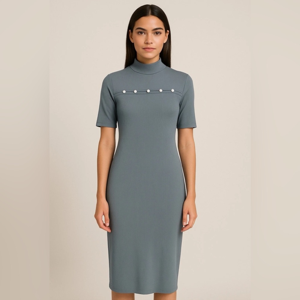 ‼️SOLD‼️ 108. SHEIN Mock Neck Fitted Ribbed Dress Faux Pearl Accents Gray Blue